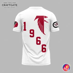 Back of the white Atlanta Falcons 1966 throwback t-shirt with the year 1966 printed vertically and a large red falcon logo.
