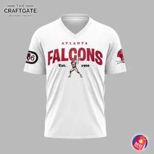 Front of the white Atlanta Falcons 1966 throwback v-neck t-shirt featuring a vintage football player and Est. 1966 text.