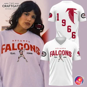 A model wearing a sweatshirt and two mockups of the Atlanta Falcons 1966 Throwback 3D T-Shirt showing the front and back designs.
