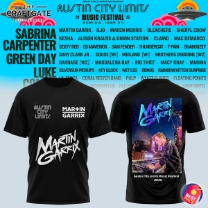 Front and back of a black t-shirt for the Austin City Limits x Martin Garrix 2025 collaboration, shown against the festival poster.