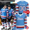 Players wearing the Bloomington Bison blue hockey jersey next to front and back product views showing customization options.