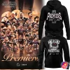 Brisbane Broncos 2025 NRL Premiers hoodie in black, displaying the front ring graphic and back text design next to a team poster.