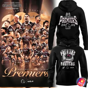 Brisbane Broncos 2025 NRL Premiers hoodie in black, displaying the front ring graphic and back text design next to a team poster.