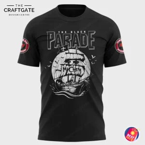 Close-up of the front of the t-shirt featuring a pirate ship design, "The Black Parade" text, and Tampa Bay Buccaneers sleeve logos.