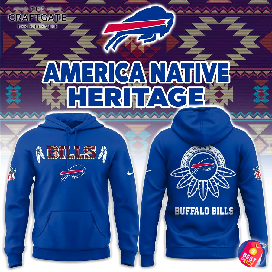 Buffalo Bills America Native Heritage 2025 Limited Hoodie — front and back view Front and back views of a royal blue Buffalo Bills hoodie with Native-inspired patterned "BILLS" lettering and feather accents on the chest, team logo on the front, and a circular feather motif with "BUFFALO BILLS" text on the back set against a southwestern geometric background