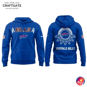 Front and back of a royal blue Buffalo Bills hoodie on a white background showing patterned "BILLS" text with feather graphics, team logo on the front, Nike sleeve detail, and the feathered circular logo with "BUFFALO BILLS" printed on the back