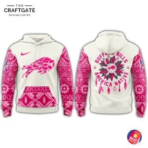 Front and back view of the Buffalo Bills American Native Cancer Hoodie, featuring pink patterned sleeves and unique logos.