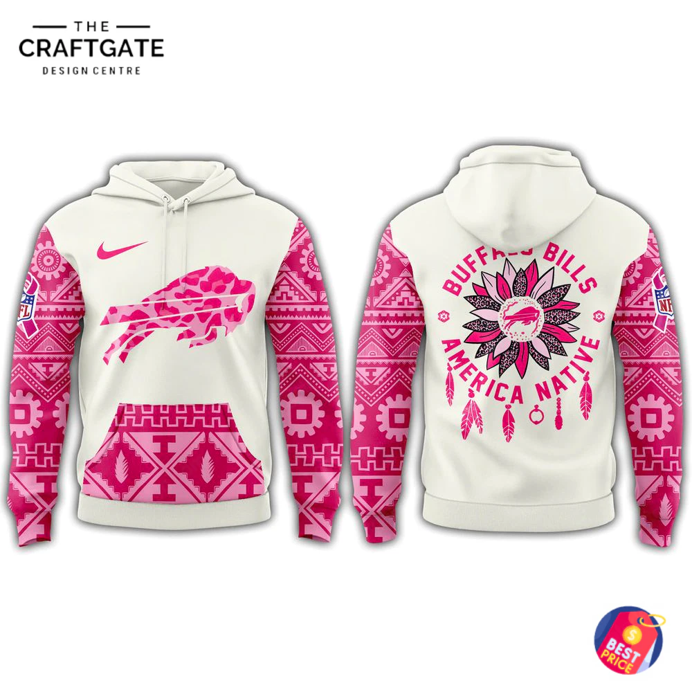 Buffalo Bills American Native Cancer Hoodie - Front and Back View Front and back view of the Buffalo Bills American Native Cancer Hoodie, featuring pink patterned sleeves and unique logos.