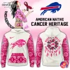 A promotional graphic for the Buffalo Bills hoodie, featuring Native American and cancer awareness themes in pink and white.