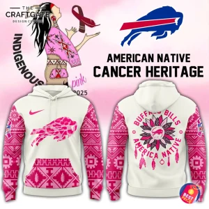A promotional graphic for the Buffalo Bills hoodie, featuring Native American and cancer awareness themes in pink and white.