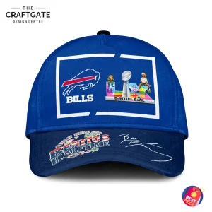 Front view of the royal blue Buffalo Bills cap with the Benito Bowl graphic and Only Here For Benito's Halftime text on the brim.