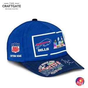 Left-angled view of the Buffalo Bills Benito's Halftime cap, highlighting the Bad Bunny logo and custom name placeholder.