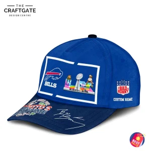 Right-angled view of the Buffalo Bills Benito's Halftime cap, showing the front graphic and the customizable Bad Bunny side logo.