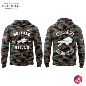 Product shot of the Buffalo Bills military-style hoodie in camouflage, showing the front and back designs on a clean white background.