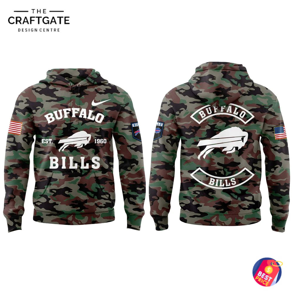 Buffalo Bills Camo Military Hoodie on White Background Product shot of the Buffalo Bills military-style hoodie in camouflage, showing the front and back designs on a clean white background.
