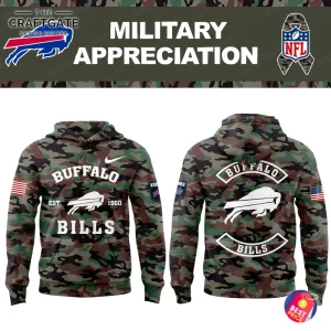 Front and back views of the Buffalo Bills Military Appreciation hoodie, featuring a camouflage pattern, team logos, and an American flag.