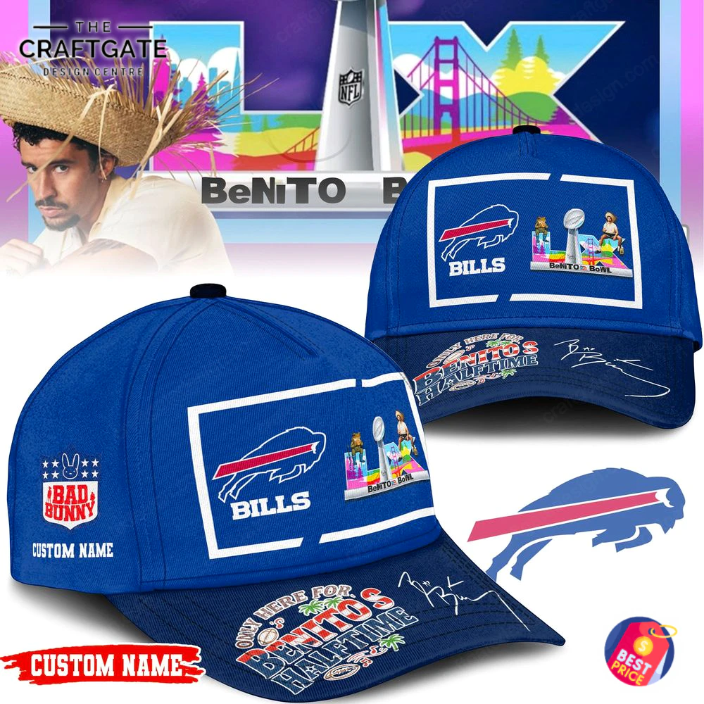 Buffalo Bills NFL Only Here For Benitos Halftime Cap Collection An overview of the Buffalo Bills Benito's Halftime cap, showing different angles and the custom name option.