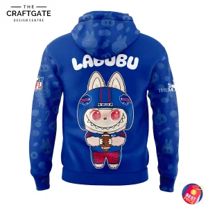 Back of the Buffalo Bills hoodie showing a large graphic of the Labubu character wearing a Bills football helmet and holding a ball.
