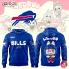 Front and back view of the royal blue Buffalo Bills x Labubu hoodie featuring the Bills logo and Labubu character graphics.