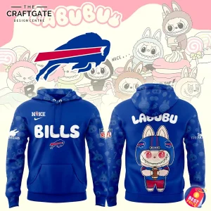 Front and back view of the royal blue Buffalo Bills x Labubu hoodie featuring the Bills logo and Labubu character graphics.