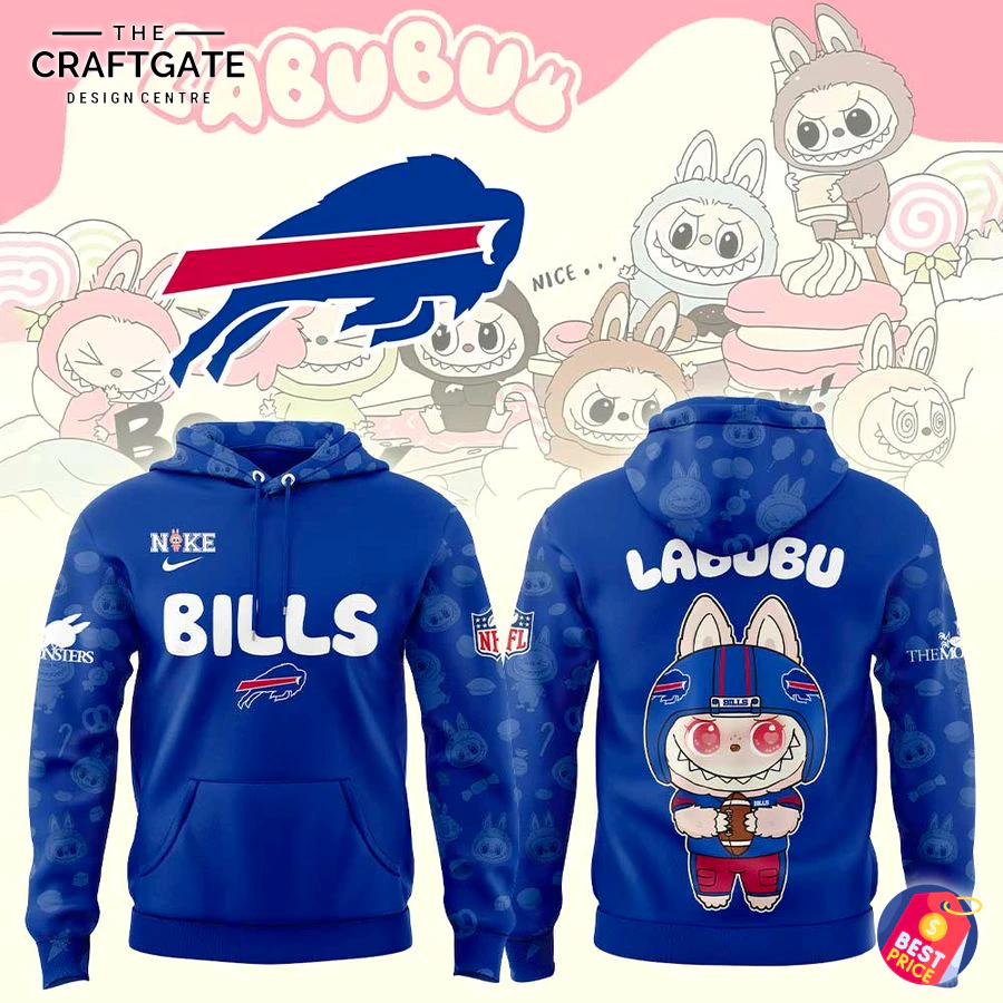 Buffalo Bills x Labubu Hoodie Collaboration - Front and Back Front and back view of the royal blue Buffalo Bills x Labubu hoodie featuring the Bills logo and Labubu character graphics.