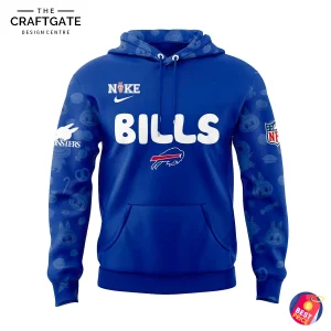 Front of the royal blue Buffalo Bills hoodie with the word BILLS in white, team logos, and a subtle Labubu character pattern.