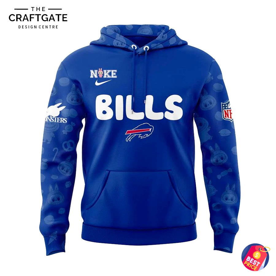 Front View of the Buffalo Bills x Labubu Hoodie Front of the royal blue Buffalo Bills hoodie with the word BILLS in white, team logos, and a subtle Labubu character pattern.