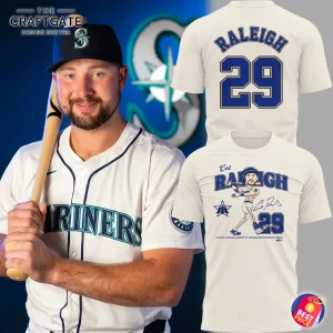 Seattle Mariners catcher Cal Raleigh next to the front and back views of his 2025 MVP cartoon design t-shirt.