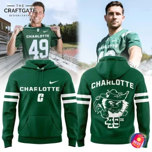 A model in a Charlotte 49ers jersey above the green Old Norm Is Back hoodie, showing the front and back designs.
