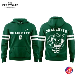 Front and back views of the green Charlotte 49ers hoodie featuring the vintage Old Norm mascot on the back and stripes on the sleeves.