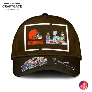 A direct front view of the brown cap with a Cleveland Browns helmet and a Benito Bowl graphic on the crown.