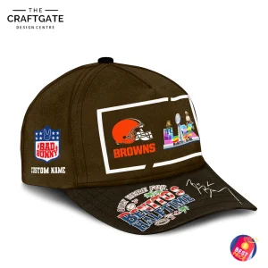 The left-side view of the Browns cap, highlighting the customizable Bad Bunny logo and name patch on the side.