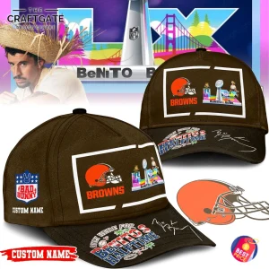 A promotional image showing multiple angles of the Cleveland Browns Benitos Halftime cap, featuring Bad Bunny graphics.