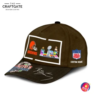 The right-side view of the Browns cap, showing the front design and the custom Bad Bunny patch on the side panel.