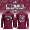 Front and back view of the Colorado Avalanche Firefighter Appreciation Day hockey jersey on a themed background.