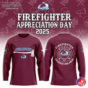 Front and back view of the Colorado Avalanche Firefighter Appreciation Day hockey jersey on a themed background.