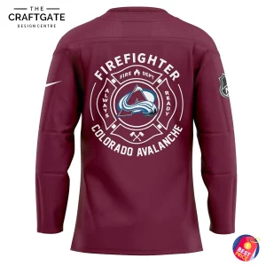 A close-up of the back of the Colorado Avalanche jersey showing a custom firefighter department-style crest.