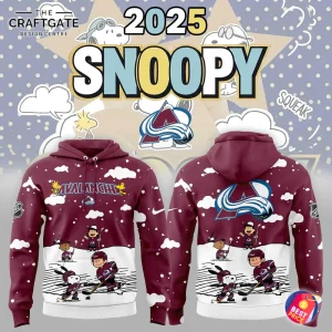 Promotional image for the Colorado Avalanche x Snoopy 2025 hoodie, showing front and back with Peanuts characters playing hockey.