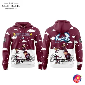 Front and back view of the Colorado Avalanche x Snoopy hoodie, featuring Peanuts characters playing hockey on a burgundy design.