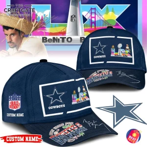 A promotional image showing multiple angles of the Dallas Cowboys "Only Here For Benito's Halftime" cap, with custom name option.