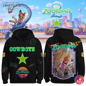 A black hoodie showing the front with a Dallas Cowboys star and the back with a colorful Zootopia 2 movie graphic.
