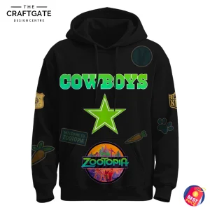 Front of the black hoodie displaying the green "COWBOYS" text, the team's star logo, and various Zootopia-themed patches.