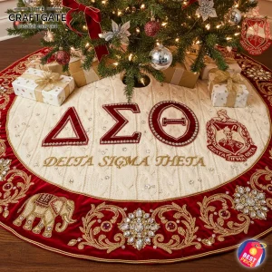 An elegant ivory and red velvet tree skirt under a Christmas tree, featuring embroidered Delta Sigma Theta letters and crest with jewels.