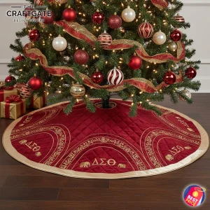A quilted red Christmas tree skirt with a gold border and elegant gold embroidery of Delta Sigma Theta letters and elephants.