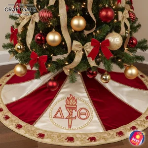 A red and white paneled tree skirt under a Christmas tree, featuring the Delta Sigma Theta torch emblem and elephants on the border.