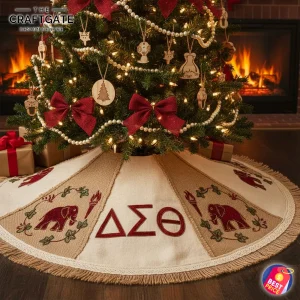 A rustic burlap and cream tree skirt with red embroidered Delta Sigma Theta letters, elephants, and torches, set by a fireplace.
