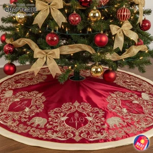 An elegant red satin Christmas tree skirt featuring intricate gold filigree embroidery with Delta Sigma Theta letters and elephants.