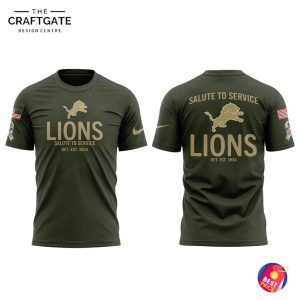 A front and back 3D mockup of the Detroit Lions Salute to Service 2025 T-Shirt in olive green with tan logos and lettering.