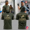 Collage showing Detroit Lions players wearing the olive green Salute to Service shirt and 3D mockups of the t-shirt's front and back.