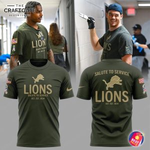 Collage showing Detroit Lions players wearing the olive green Salute to Service shirt and 3D mockups of the t-shirt's front and back.